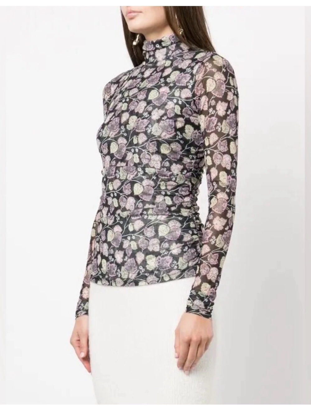 Cinq a Sept Shirred Mesh turtleneck Long-Sleeve Top